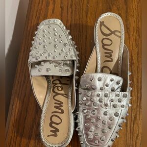 Sam Edelman Agustus Studded Block Heel Mule Spiked Women 9 Leather Flats Silver